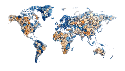 A world map outline filled with a mosaic of blue, orange, and white spheres