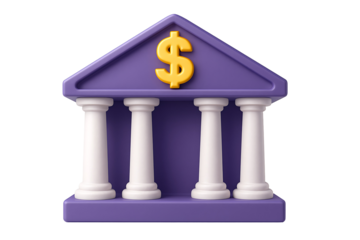 Purple bank building icon with golden dollar sign currency symbol for financial architecture and economy concept isolated on transparent background