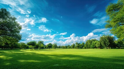 Obraz premium Vast green grass field at a park beneath a bright blue sky with white clouds. Scenic nature landscape for outdoor activities.