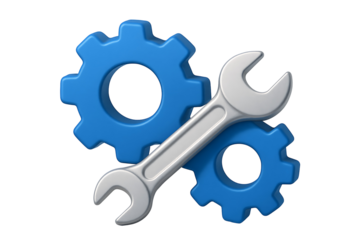 Blue plastic gears and silver wrench tool for technical support service and maintenance settings concept isolated on transparent background