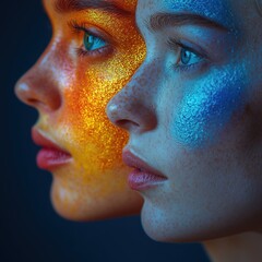 Two women with bright blue and orange paint on their faces
