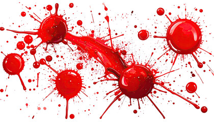 Abstract composition of red splashes and spheres on a black background, with radial lines
