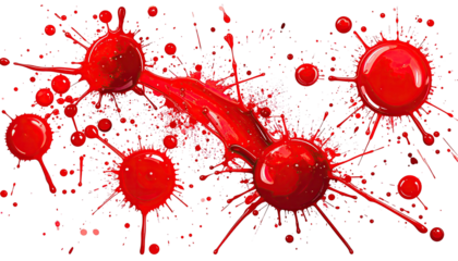 Abstract composition of red splashes and spheres on a black background, with radial lines