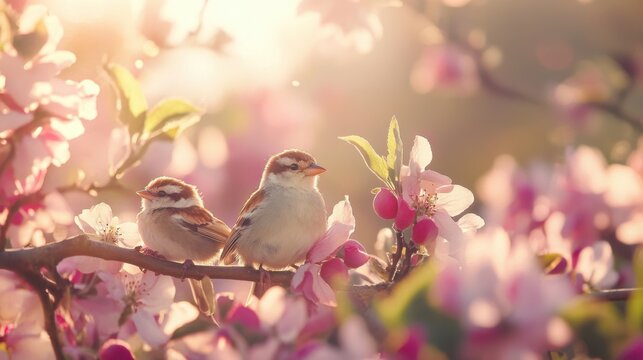 Two sparrows on a blooming branch