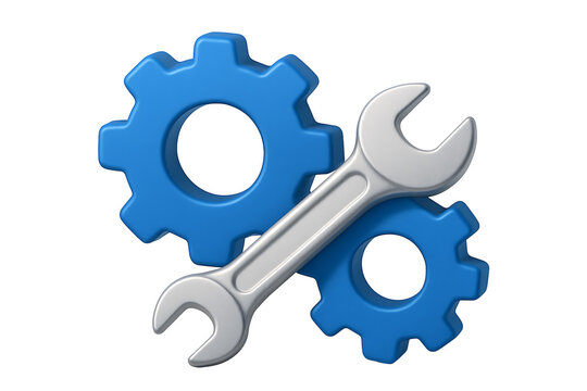 Blue plastic gears and silver wrench tool for technical support service and maintenance settings concept isolated on transparent background