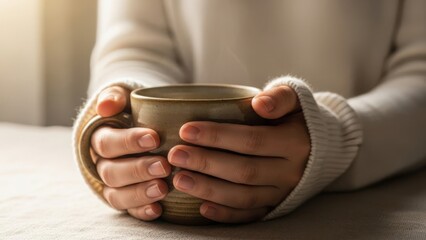 Close-up of hands in a cozy sweater holding a warm ceramic mug. Person enjoying a hot drink like coffee or tea in the morning