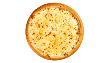 Aerial view of a round pizza, baked to perfection with melty cheese and a golden crust