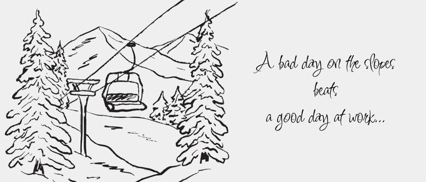 Hand drawn winter mountain with ski lift. Vector sketch illustration in vintage crayon charcoal style. Winter sports concept, winter mountain vacation