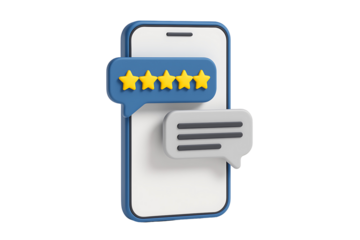 Three dimensional smartphone with five yellow stars and message bubble showing customer review feedback rating and mobile application satisfaction isolated on transparent background