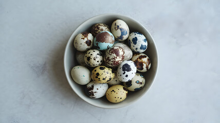 Happy easter sunday celebration with colorful decorated quail eggs in bowl