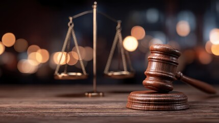 Wooden gavel and weight scale on a desk. Justice concept with legal law instrument on wooden background for court and judgment.