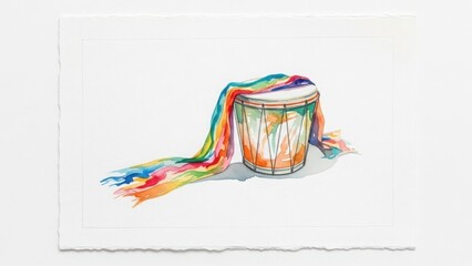 A watercolor illustration of a drum with a flowing rainbow sash. LGBTQ pride and music celebration concept. Artistic painting isolated on a white background