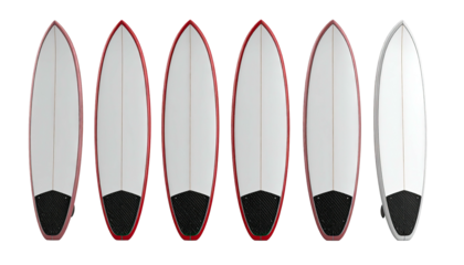 Aerial view of six surfboards with different color rims and black pads on a black background