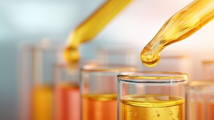 Yellow liquid oil drop from pipette to glass beaker. Cosmetic serum or experimental substance dripping for chemistry or pharmaceutical research.