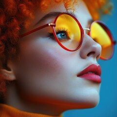 A woman with red hair and glasses.