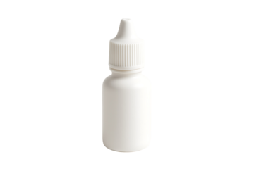 Small white plastic dropper bottle with ribbed cap for medical eye or ear drops packaging mockup isolated on transparent background