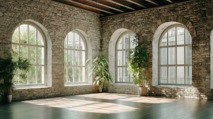 Fototapeta premium Empty loft room with arched windows and exposed brick wall. Industrial style interior design for modern apartment, office or studio space.