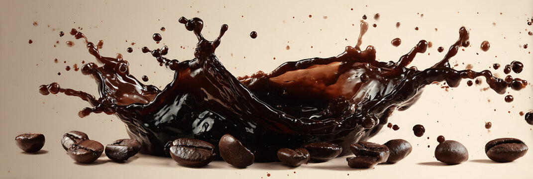 Dynamic Coffee Splash with Scattered Roasted Coffee Beans on Neutral Background, High-Speed Liquid Photography for Beverage Advertising