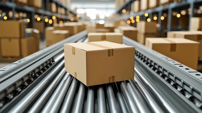A cardboard box on a moving roller conveyor in a warehouse with rows of racks and boxes. Logistics and sorting and shipping processes.