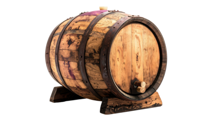 Aged, wooden barrel with metal hoops and a spigot, standing on a wooden base