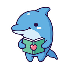 Cartoon Dolphin Reading a Book Illustration
