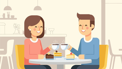 This charming flat design illustration shows a couple enjoying a sweet moment, sharing dessert and coffee at a cafe. It represents a relaxed and loving date.
