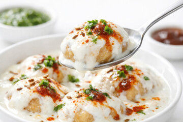Delicious dahi bhalla with yogurt, spices, and chutney garnish