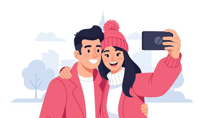 This modern flat design illustration depicts a couple happily taking a selfie, capturing a memorable moment of their Valentine's Day celebration. The artwork features a clean, contemporary style.