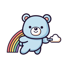 Adorable Blue Bear with Rainbow and Cloud Illustration