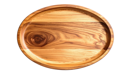 An elevated, wooden, oval-shaped platter with visible wood grain set against a black backdrop