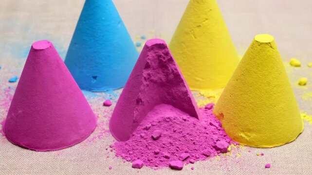 Group of five conical sand sculptures in vibrant pink blue and yellow hues arranged on a textured fabric surface with loose colorful sand scattered around them in a studio setting with soft lighting