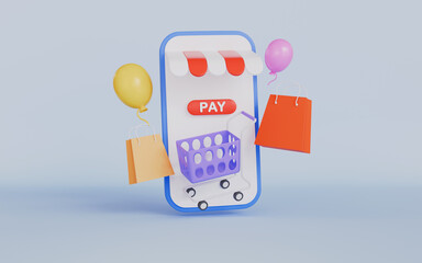 Mobile Online Shopping Store, Balloon, Bag and Heart, Shopping Cart, Special Promotion Concept