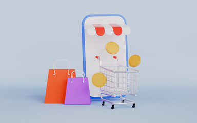 Mobile Shop with Shopping Cart, Floating Gold Coins and Shopping Bags, Gift, Bonus, Special Bonus