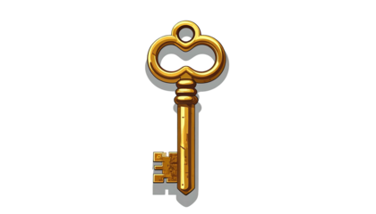 An ornate, golden key with a detailed bow and a long, textured shank on a black background