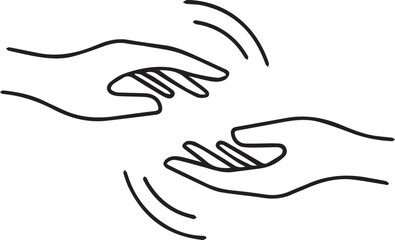 A minimalist line drawing of two hands reaching toward each other with curved motion lines, symbolizing connection, help, reaching out, or the beginning of a supportive interaction.