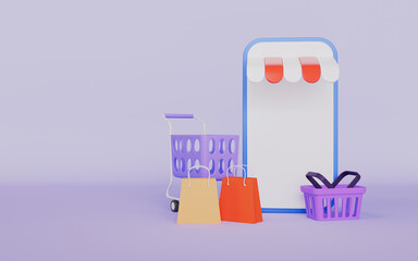 Online shopping mobile phone with shopping carts and shopping bags concept