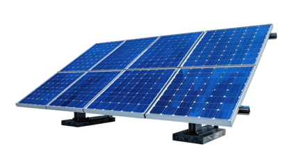 Angled view of a photovoltaic panel array harvesting sunlight for electricity