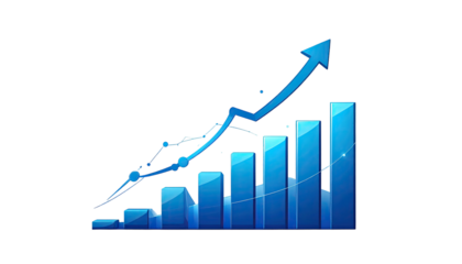 Animated chart showing positive growth with blue bars and an upward arrow