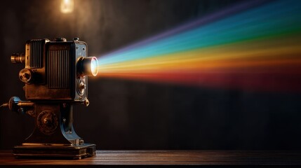 Vintage movie film projector emitting colorful rainbow spectrum light beam onto dark background. Old cinema experience concept for entertainment.