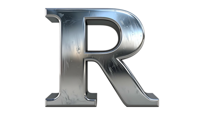A 3D rendered, metallic letter "R" stands isolated against a stark black background. It appears shiny, reflecting light and texture