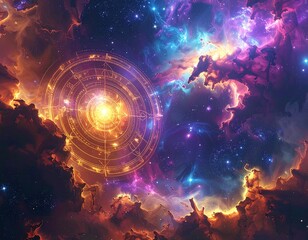 Cosmic vista with colorful nebula clouds and geometric astral design, radiating vibrant light and depth