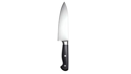 A chef's knife, blade shiny, handle black, set against a stark, black backdrop. It's perfectly centered, suggesting utility and precision