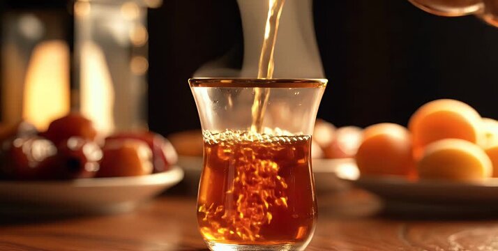 Hot tea being poured into a traditional glass, with steam rising, set against a warm, blurred background of dates and other treats.
