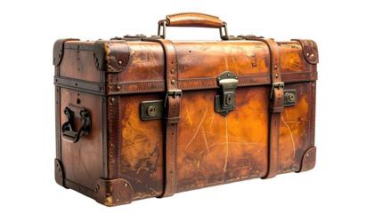 Antique brown leather travel suitcase with rivets, locks, handle, and aged patina