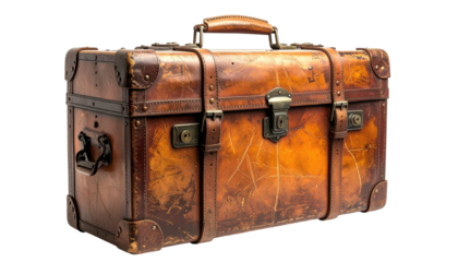 Antique brown leather travel suitcase with rivets, locks, handle, and aged patina