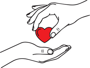 A minimalist line drawing showing one hand placing a bright red heart into the palm of another hand, symbolizing charity, care, donation, and emotional support.