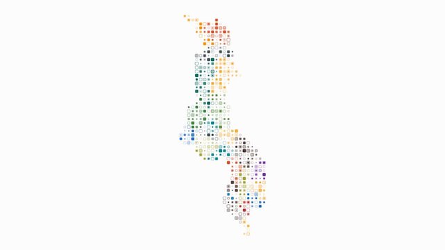 Malawi animated country shape. Pulsating colored dots on the map of the country. Small size rounded square blocks. Digital style Malawi map on white background. Plain animation video.