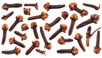 A close-up, overhead shot reveals a scattering of whole cloves, exhibiting a rich, dark brown hue. The spices are isolated against a stark, black background