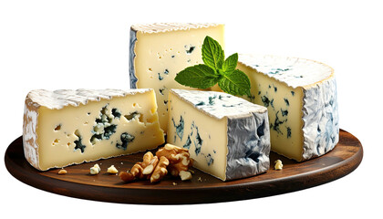 Arrangement of assorted cheese varieties on a wooden platter with a sprig of mint and walnuts
