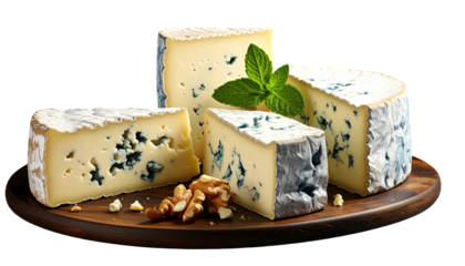 Arrangement of assorted cheese varieties on a wooden platter with a sprig of mint and walnuts